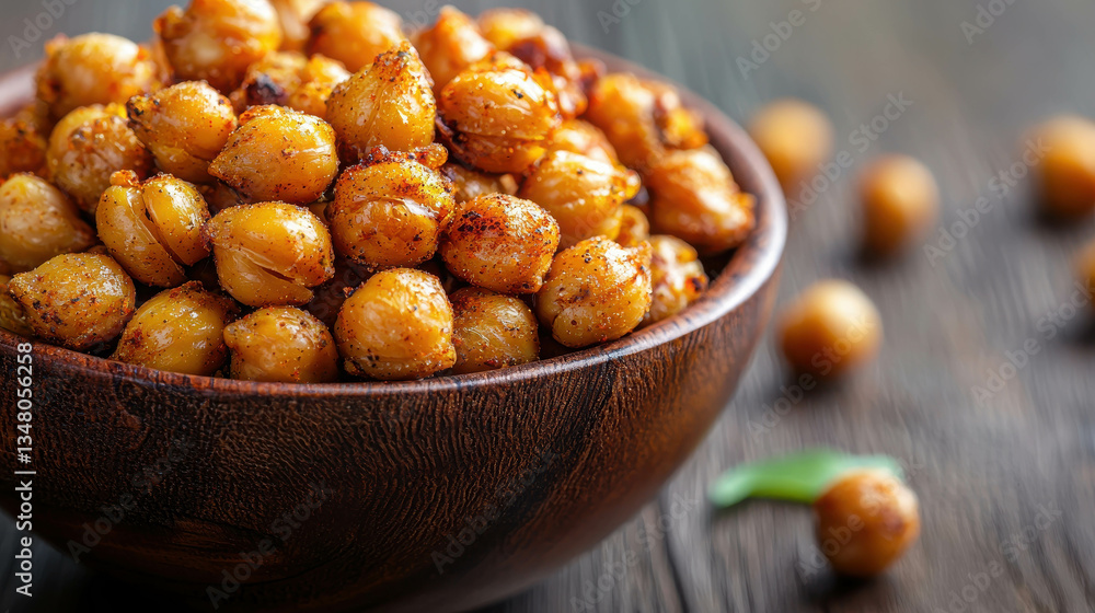 Spicy Roasted Chickpeas in Wooden Bowl on Rustic Table with Scatter of Snack Pieces Spicy Roasted Chickpeas in Wooden Bowl on Rustic Table with Scatter of Snack Pieces