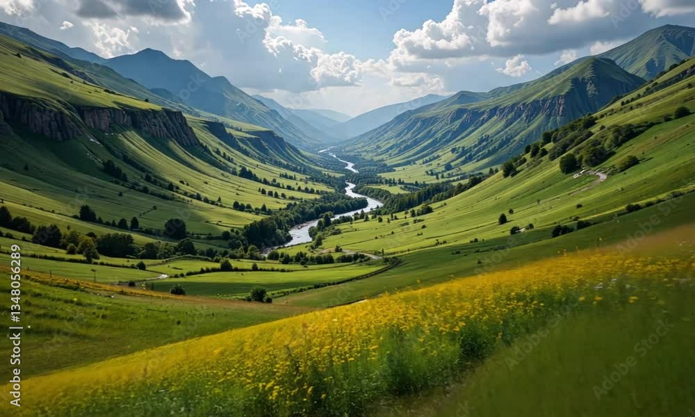 Breathtaking valley with lush green meadows and colorful wildflowers under a bright blue sky
Breathtaking valley with lush green meadows and colorful wildflowers under a bright blue sky