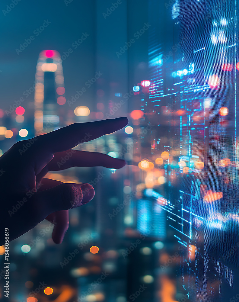 Hand Interacting with Glowing Digital Data Network Over Night Cityscape Hand Interacting with Glowing Digital Data Network Over Night Cityscape