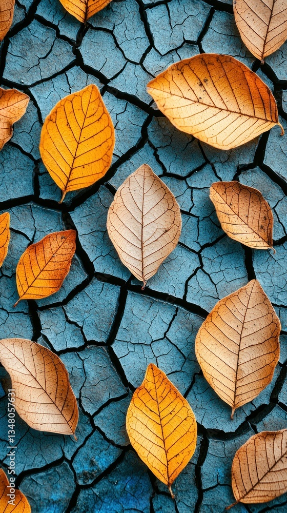Obraz premium Autumn leaves scattered atop cracked, dry blue earth