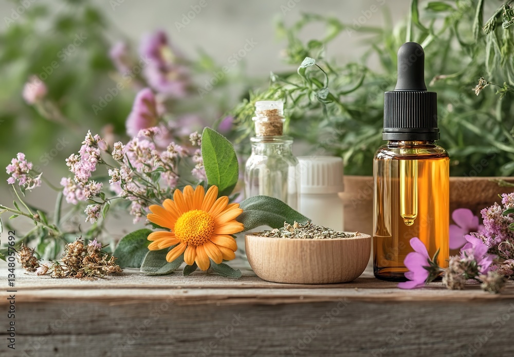 Essential oil bottles with plants, natural light, aromatherapy setting Essential oil bottles with plants, natural light, aromatherapy setting