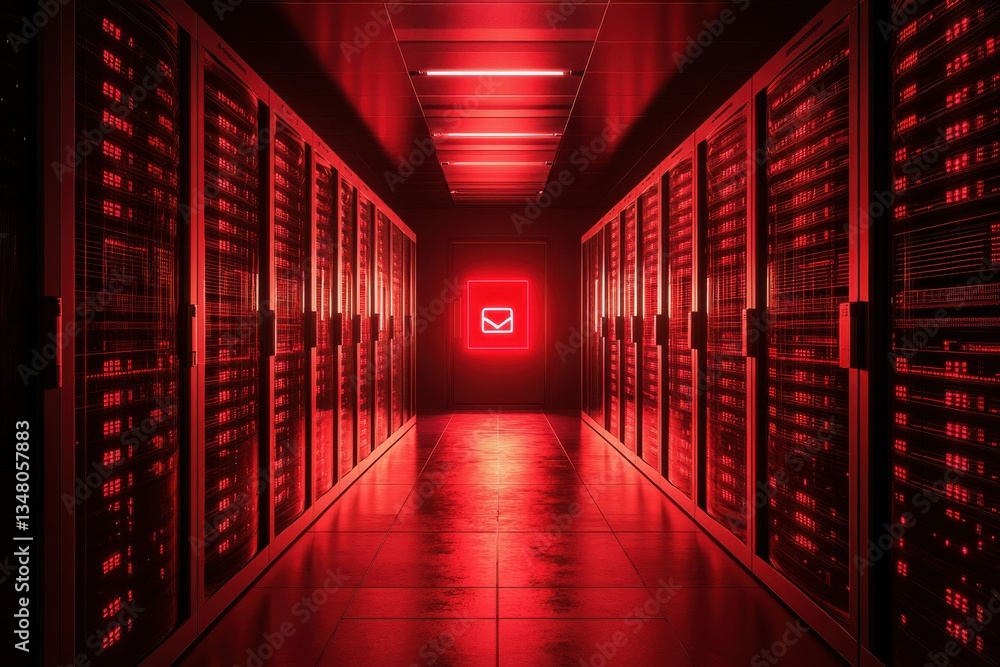 Fototapeta premium Futuristic Data Center Corridor with Red Lighting and Neon Mail Sign in a Modern Environment