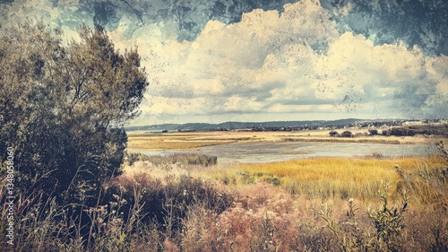 Stylized farm landscape illustrated in warm vintage colors, creating a nostalgic, cozy wallpaper aesthetic with rolling fields, rustic barns, and soft retro tones.
