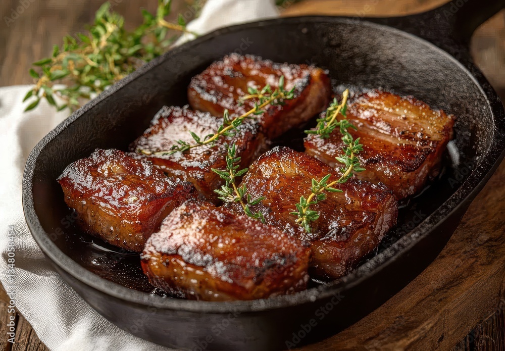 Sizzling Delicious Cuts of Meat Cooked in a Cast Iron Skillet Garnished with Fresh Thyme on Rustic Wooden Table Sizzling Delicious Cuts of Meat Cooked in a Cast Iron Skillet Garnished with Fresh Thyme on Rustic Wooden Table