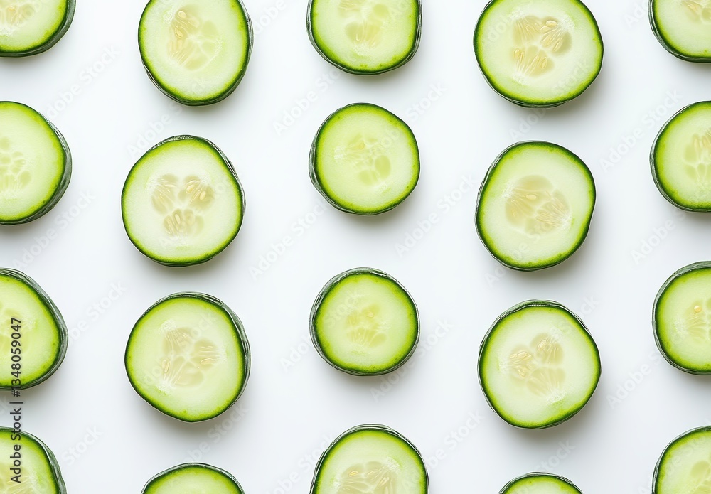 Sliced Fresh Cucumbers Arranged in a Pattern on a Light Background, Ideal for Healthy Eating and Culinary Presentations Sliced Fresh Cucumbers Arranged in a Pattern on a Light Background, Ideal for Healthy Eating and Culinary Presentations