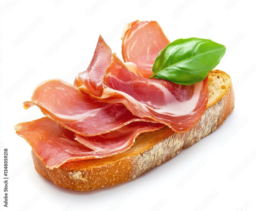 Slices of cured meat on toasted bread with fresh basil leaf for appetizing gourmet dish or culinary presentation, showcasing vibrant colors and textures Slices of cured meat on toasted bread with fresh basil leaf for appetizing gourmet dish or culinary presentation, showcasing vibrant colors and textures