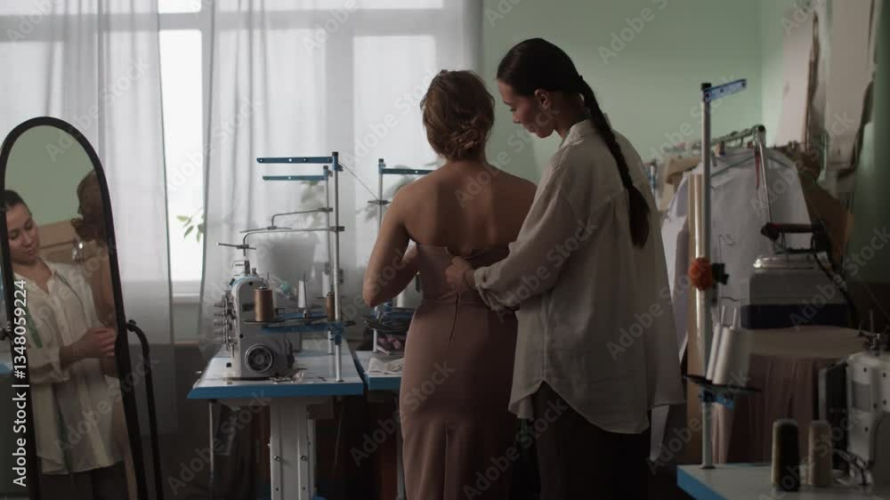 Female tailor pulling zip on client Female tailor pulling zip on client