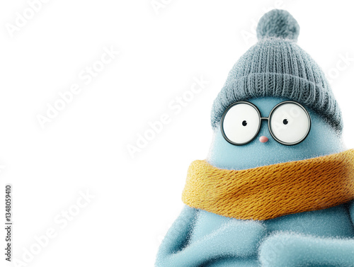Charming Blue Cartoon Character in Winter Attire with Glasses and a Cozy Scarf