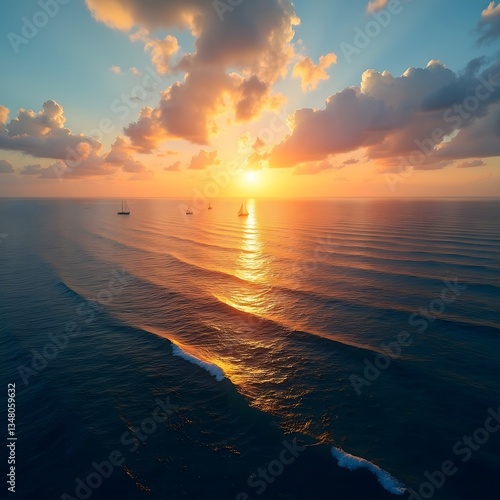 Open Ocean at Sunset - Aerial Photography of Golden Reflections on Blue Waters