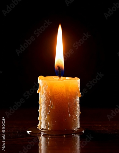 Única vela acesa com cera derretendo suavemente e chama tremulando