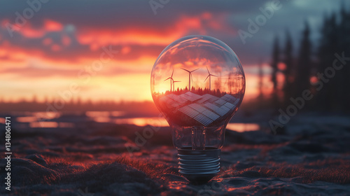 Eco-Friendly Energy: Light Bulb with a Miniature Landscape Featuring Solar Panels and Windmills for a Greener Future