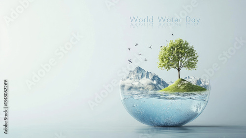 World Water Day concept: a tree and a mountain with water inside a half-sphere glass.