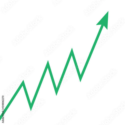 Green arrow business graph moving up in a zigzag pattern, showing volatility but still profit
