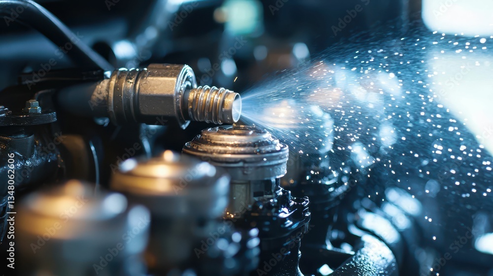 Close-up of Fuel Injectors Spraying Gasoline in Engine System