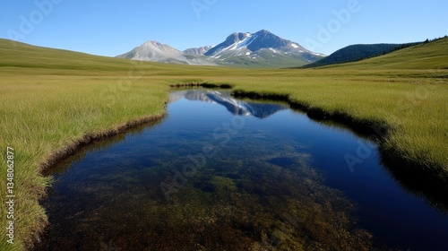 Serene mountain valley reflecting peaks in a tranquil stream.  A picturesque meadow with a clear, still stream mirroring the majestic, snow-capped mountains in a tranquil, bright day