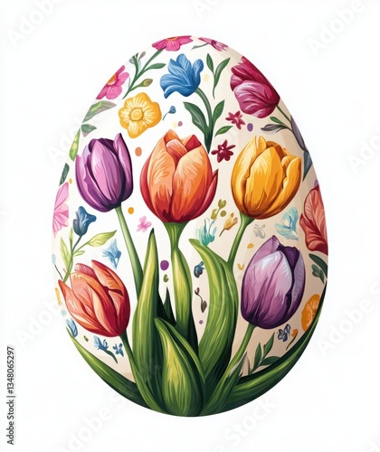 Colorful Floral Easter Egg Design Featuring Vibrant Tulips and Decorative Flowers on a White Background for Spring Celebrations and Seasonal Art
