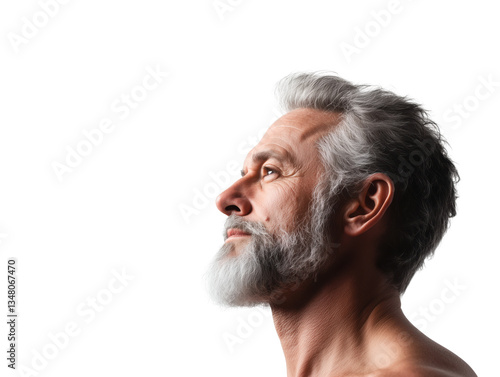 Profile Portrait of Mature Man with Gray Beard and Hair on White Background