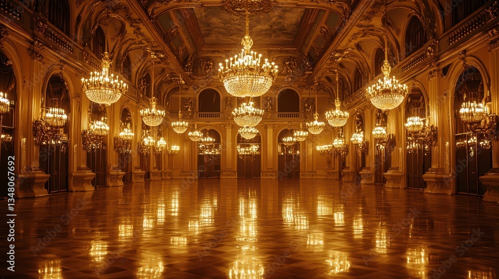 Grand Empty Ballroom with Golden Chandeliers and Elegant Reflection Grand Empty Ballroom with Golden Chandeliers and Elegant Reflection