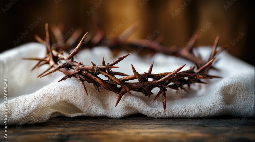 Fototapeta premium Minimalist still life of a crown of thorns on white fabric.