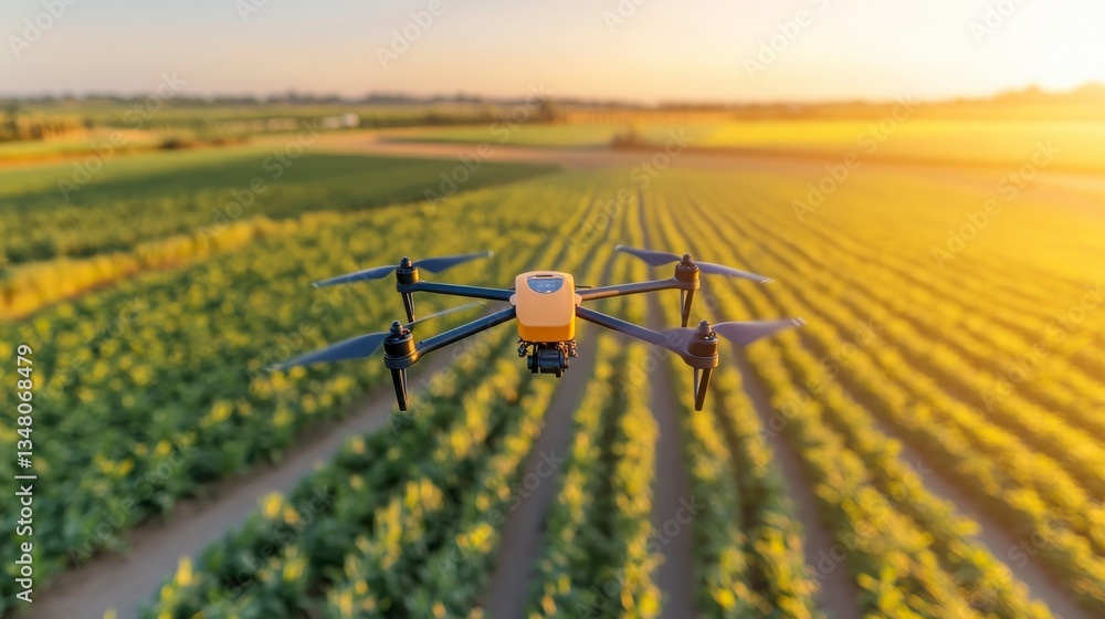 Drone Flying Over Green Crops at Sunset in Agricultural Landscape Drone Flying Over Green Crops at Sunset in Agricultural Landscape