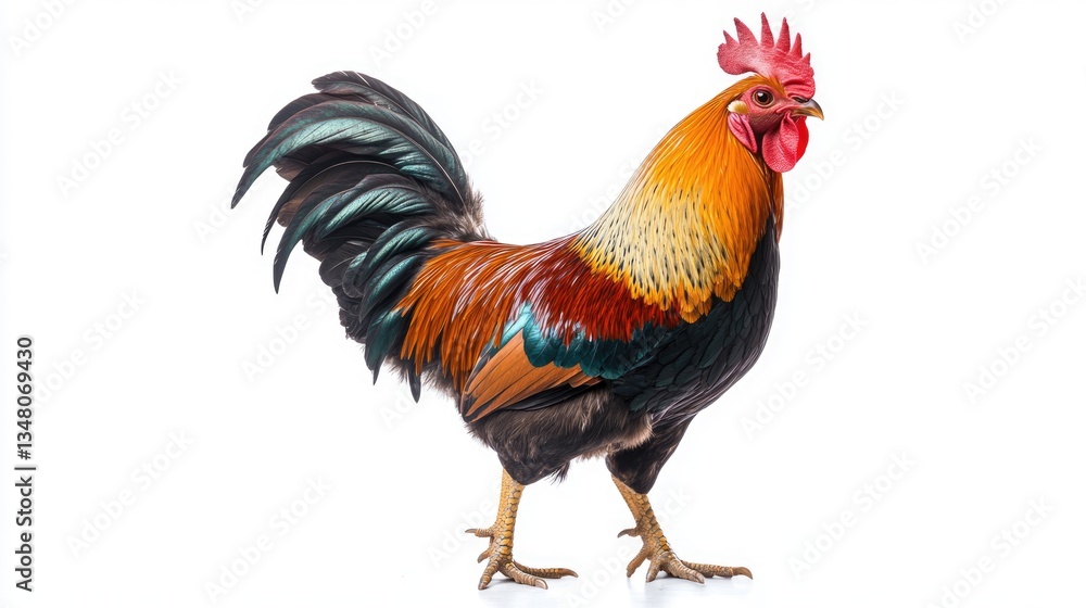 Fototapeta premium Rooster with Vibrant Feathers on White Background