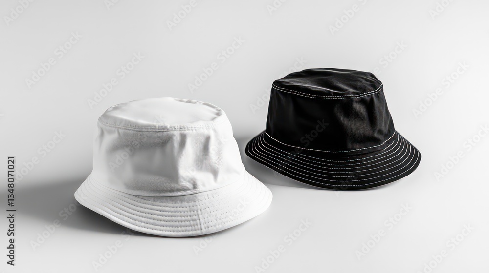 Two classic bucket hats in black and white on a white background, perfect for fashion, casual, or summer-themed projects. Two classic bucket hats in black and white on a white background, perfect for fashion, casual, or summer-themed projects.