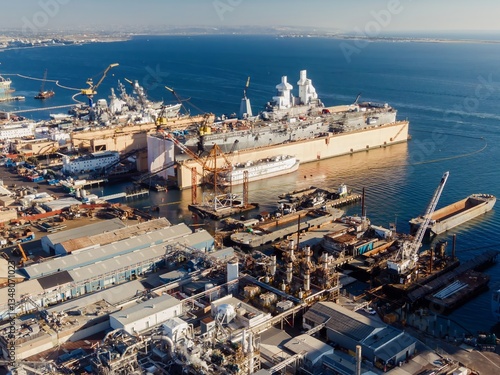 Bild auf Leinwand Aerial view of a shipyard in San Diego, Ships are being repaired and maintained in drydocks