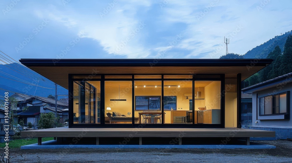 Modern Japanese Retreat with Panoramic Mountain View at Dusk Modern Japanese Retreat with Panoramic Mountain View at Dusk
