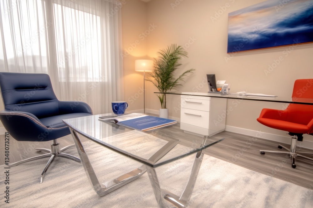 Fototapeta premium Modern Office Interior with Red and Blue Chairs and Glass Table