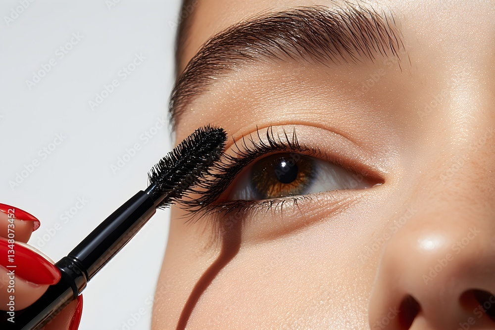 Obraz Woman applying mascara to eyelashes. Closeup of eye makeup application. Beauty routine and cosmetic concept. Enhancing natural lashes for glamorous look.