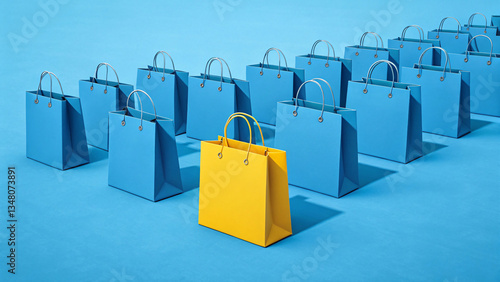 Outstanding yellow shopping bag among blue color bags, online shopping strategy