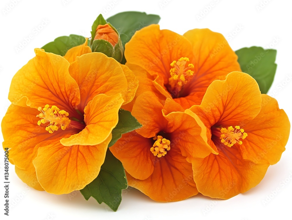 Orange hibiscus blooms, buds and leaves on white background Orange hibiscus blooms, buds and leaves on white background