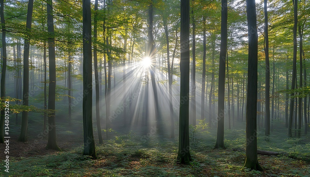 Obraz premium Sunbeams burst through trees in lush green forest