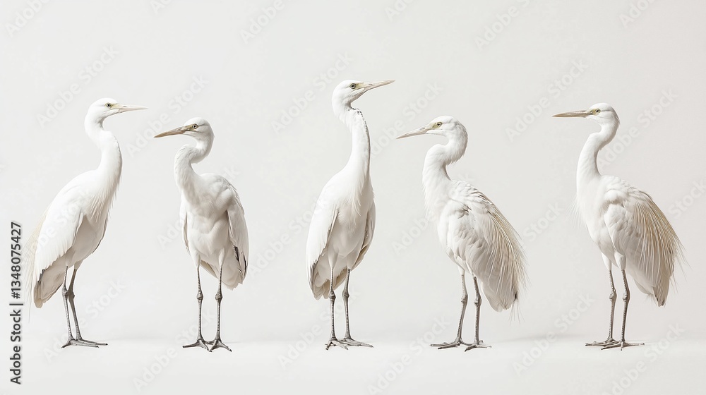 Obraz premium Five White Egrets in a Row Against a Plain Background
