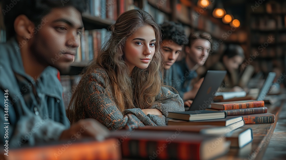 Students studying together in library college university education knowledge books learning focus teamwork Students studying together in library college university education knowledge books learning focus teamwork