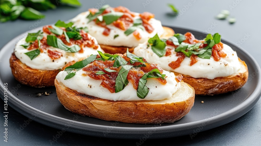 Creamy Bruschetta Bites. Four toasted bread slices topped with creamy white cheese, sun-dried tomatoes, and fresh basil leaves. Appetizer or starter Creamy Bruschetta Bites. Four toasted bread slices topped with creamy white cheese, sun-dried tomatoes, and fresh basil leaves. Appetizer or starter