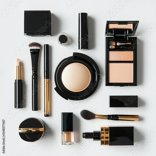 Flat lay of black and gold makeup products on a white background photo