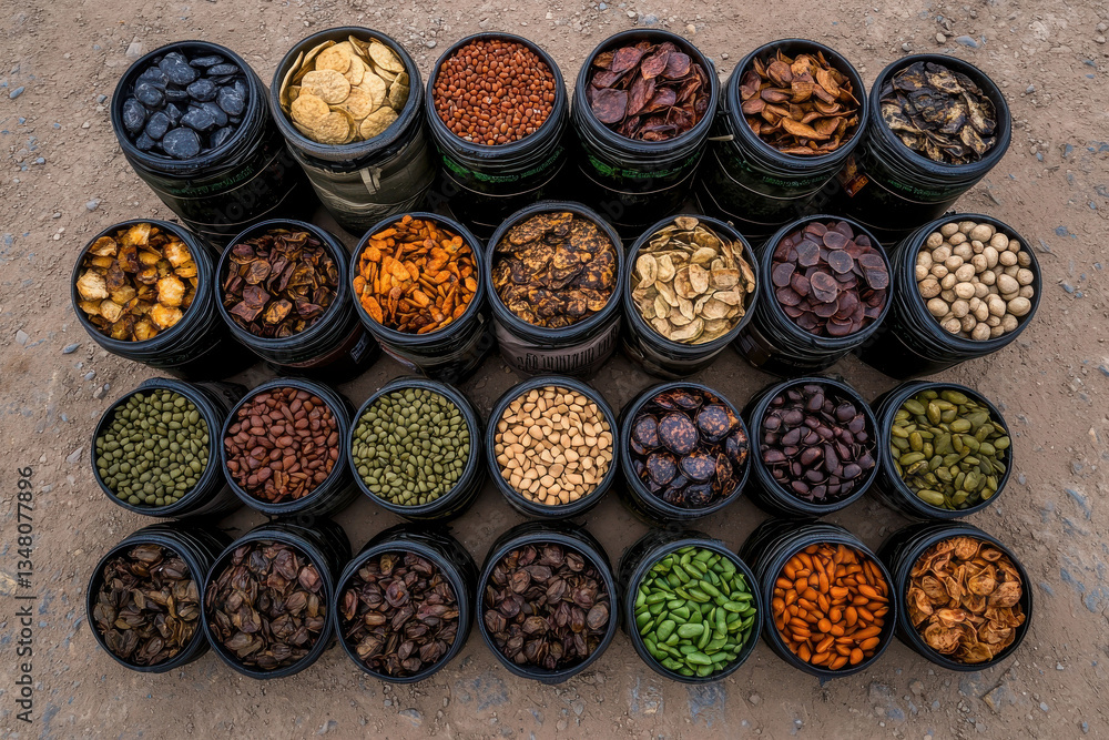 Colorful Display of Diverse Raw Ingredients in Containers on Rustic Surface Colorful Display of Diverse Raw Ingredients in Containers on Rustic Surface