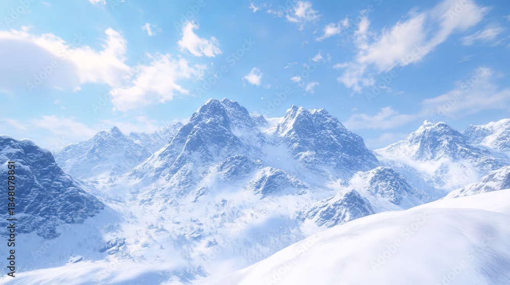 A majestic mountain range covered in snow, with a clear blue sky in the background.