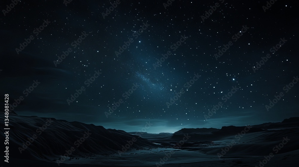 Fototapeta premium A starry night sky over a desert landscape, with the Milky Way clearly visible.