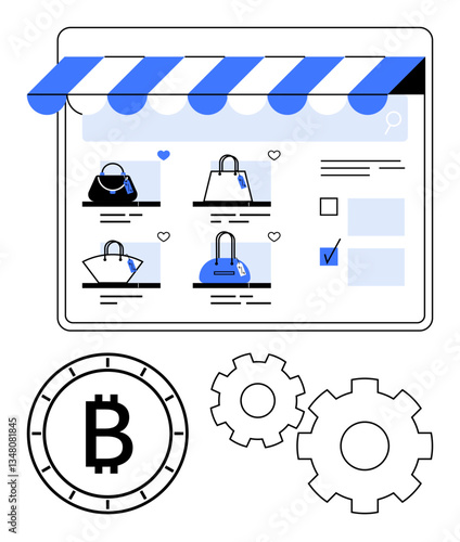 Online store interface showcasing various handbags with shopping cart icons, Bitcoin symbol for cryptocurrency transactions, and gears for settings options. Ideal for e-commerce, cryptocurrency