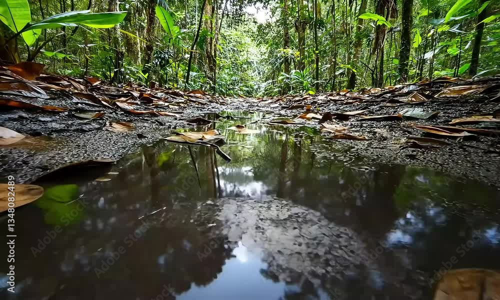Rainforest Puddle Trail Reflection Lush Canopy