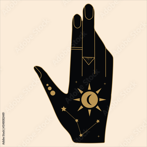 Mystical Celestial Hands with Stars, Moons, and Spiritual Symbols. Elegant mystic hands adorned with stars, moons, and cosmic symbols in black and gold silhouette.