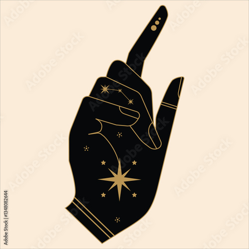 Mystical Celestial Hands with Stars, Moons, and Spiritual Symbols. Elegant mystic hands adorned with stars, moons, and cosmic symbols in black and gold silhouette.
