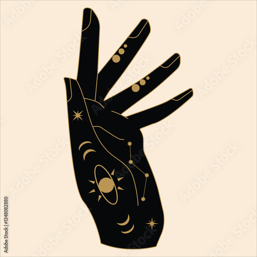 Mystical Celestial Hands with Stars, Moons, and Spiritual Symbols. Elegant mystic hands adorned with stars, moons, and cosmic symbols in black and gold silhouette.