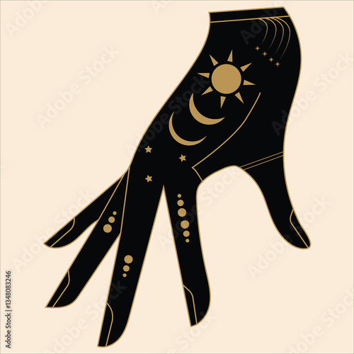 Mystical Celestial Hands with Stars, Moons, and Spiritual Symbols. Elegant mystic hands adorned with stars, moons, and cosmic symbols in black and gold silhouette.