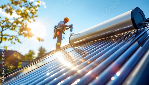 Solar Panel Installation: A Technician Working on a Residential Rooftop Solar Water Heater System