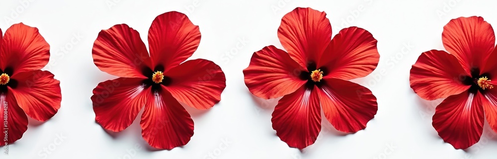 Obraz premium Four vibrant red hibiscus flowers, white isolated background. The plants have dark centers with yellow stamens. Perfect for floral designs, wedding invitations, summer holiday concepts.