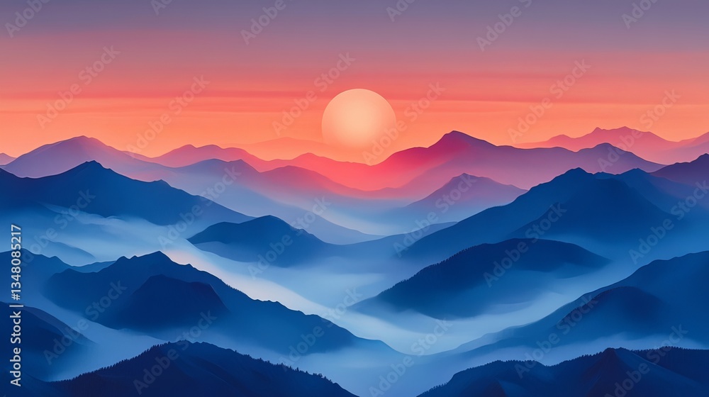 Breathtaking sunrise over misty mountains, creating a peaceful and serene atmosphere. Breathtaking sunrise over misty mountains, creating a peaceful and serene atmosphere.