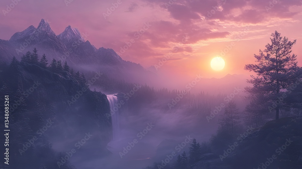 Fototapeta premium Breathtaking sunrise over misty mountains, creating a peaceful and serene atmosphere.
